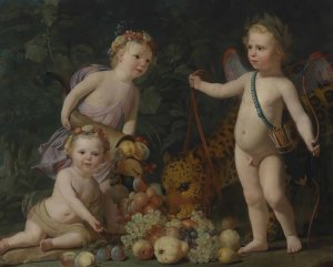 Three Children With Fruit And a Jaguar by Gerard Van Honthorst Oil Painting