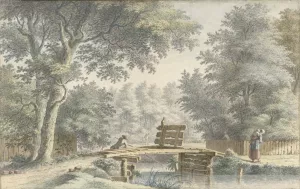 Landschap met een brug waarop een hengelaar Oil painting by Gerard Van Rossum