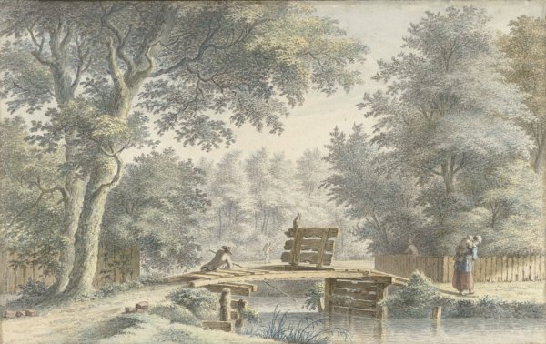 Main Product Photo of Landschap met een brug waarop een hengelaar  Painting by Gerard Van Rossum