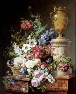 Still Life Of Flowers In A Basket With Two Butterflies, A Dragonfly by Gerard Van Spaendonck Oil Painting