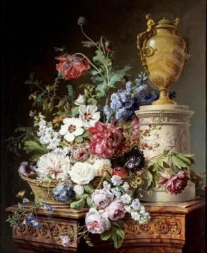 Still Life Of Flowers In A Basket With Two Butterflies, A Dragonfly
