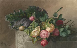 Stilleven met rozen en koolblad by Gerardina Jacoba Van De Sande Bakhuyzen Oil Painting