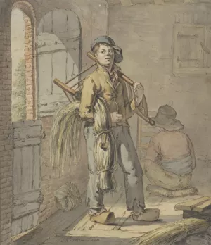 Stoelenmatters in een schuur aan het werk Oil painting by Gerardus Laurentius Keultjes