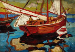 Fishing Boats in Hafen by Gerassim Semenovich Golovkov Oil Painting