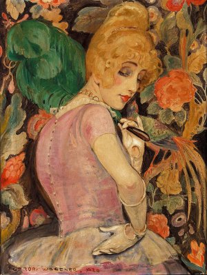 Portraet af Lili Elbe med gron fjervifte by Gerda Wegener Oil Painting