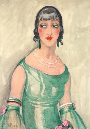 Portrait of a woman in green dress and pearls by Gerda Wegener Oil Painting