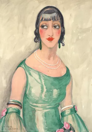 Portrait of a woman in green dress and pearls by Gerda Wegener Oil Painting