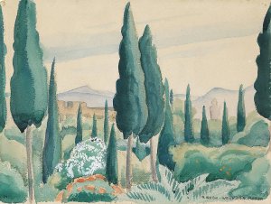 Udsigt over marokkansk landskab, i forgrunden pinjer by Gerda Wegener Oil Painting