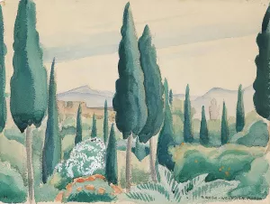 Udsigt over marokkansk landskab, i forgrunden pinjer by Gerda Wegener Oil Painting