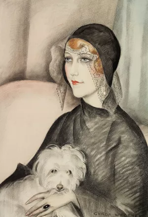 Ung dame med sort klokkehat og lille hvid skodehund Oil painting by Gerda Wegener