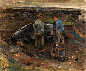 Boys taring a Boat, Nevlunghavn by Gerhard Munthe Oil Painting