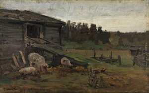 Pigs at the Barn Bridge by Gerhard Munthe Oil Painting