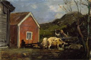 Pigs in Moonlight by Gerhard Munthe Oil Painting