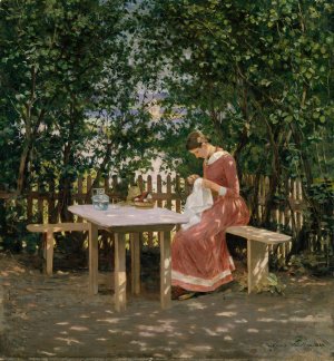 The Artist's Wife in the Arbour other by Gerhard Munthe Oil Painting