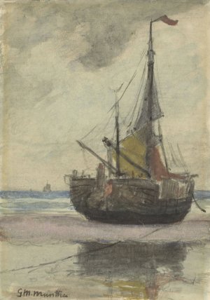 Vissersboot op het strand met gereefd zeil Oil painting by Gerhard Munthe