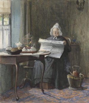 Interieur met een vrouw die de krant leest by Gerke Henkes Oil Painting