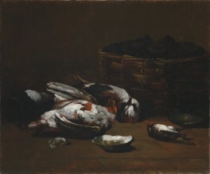 Still Life with Dead Birds and a Basket of Oysters by Germain-Theodore Ribot Oil Painting