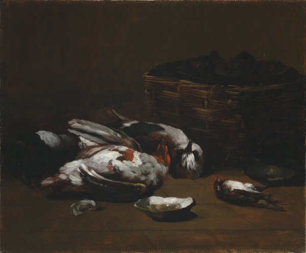 Still Life with Dead Birds and a Basket of Oysters  by Germain-Theodore Ribot - Hand-Painted Oil Painting Reproduction