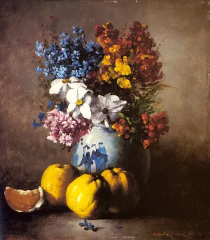 A Still Life with a Vase of Flowers and Fruit by Germain Theodure Clement Ribot - Oil Painting Reproduction