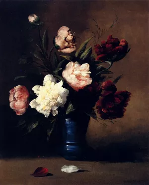 Peonies In A Blue Vase by Germain Theodure Clement Ribot - Oil Painting Reproduction