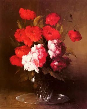 Pink Peonies and Poppies in a Glass Vase by Germain Theodure Clement Ribot - Oil Painting Reproduction