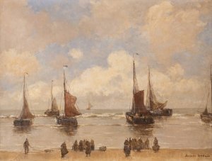 Landing fishing boats by German Grobe Oil Painting