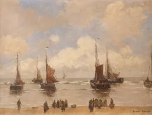 Landing fishing boats by German Grobe Oil Painting