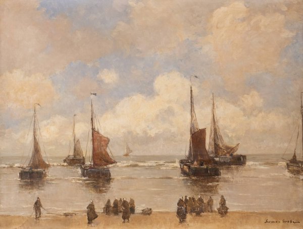 Landing fishing boats by German Grobe - Hand-Painted Oil Painting Reproduction