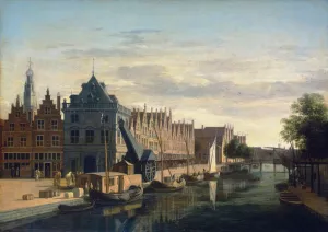 The Weigh-House and Crane on the Spaarne at Haarlem by Gerrit Adriaensz Berckheyde - Oil Painting Reproduction