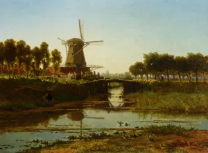 A Windmill in a Summer Landscape by Gerrit Alexander Godart Mollinger Oil Painting