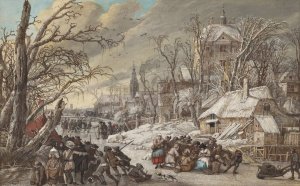 Figures on a Frozen Canal by Gerrit Battem Oil Painting