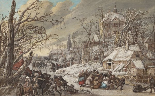 Figures on a Frozen Canal  by Gerrit Battem - Hand-Painted Oil Painting Reproduction