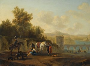An Extensive Italianate River Landscape With Travellers Resting On A Path by Gerrit Berckheyde Oil Painting