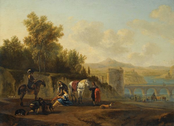 An Extensive Italianate River Landscape With Travellers Resting On A Path by Gerrit Berckheyde - Hand-Painted Oil Painting Reproduction
