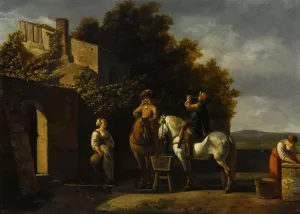 Cavaliers On Horseback Resting Outside An Inn With A Courtyard Beyond by Gerrit Berckheyde Oil Painting