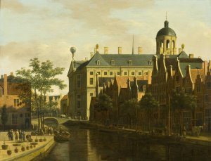 The Nieuwezijds Voorburgwal with the Flower and Tree Market in Amsterdam by Gerrit Berckheyde Oil Painting