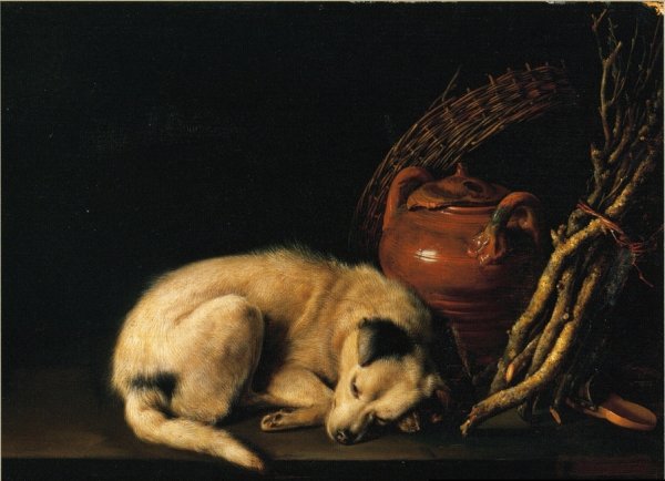 Main Product Photo of A Sleeping Dog Beside a Terracotta Jug, a Basket, and a Pile of Kindling Wood Painting by Gerrit Dou