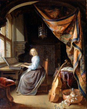 A Woman playing a Clavichord by Gerrit Dou Oil Painting