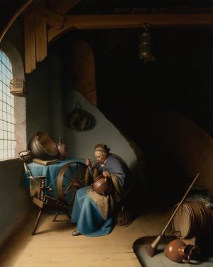 An Elderly Woman, Seated By A Window At Her Spinning Wheel, Eating Porridge by Gerrit Dou Oil Painting