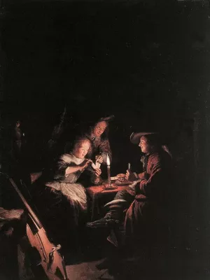 Cardplayers at Candlelight Oil painting by Gerrit Dou