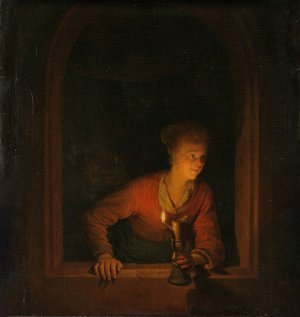Girl with an Oil Lamp at a Window by Gerrit Dou Oil Painting