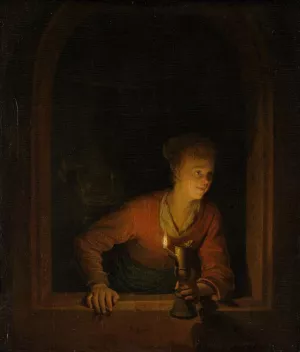 Girl with Burning Oil Lamp by Gerrit Dou - Oil Painting Reproduction