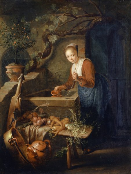 Kitchen Maid At The Well by Gerrit Dou - Hand-Painted Oil Painting Reproduction