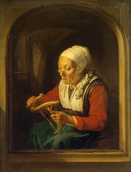 Main Product Photo of Old Woman Unreeling Threads Painting by Gerrit Dou
