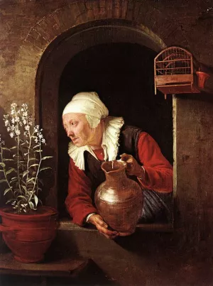 Old Woman Watering Flowers by Gerrit Dou - Oil Painting Reproduction