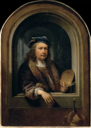 Self-Portrait with a Palette, in a Niche Oil painting by Gerrit Dou