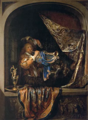 Trumpet-Player in front of a Banquet by Gerrit Dou - Oil Painting Reproduction