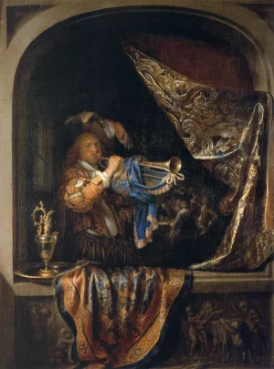 Trumpet-Player in front of a Banquet Oil painting by Gerrit Dou