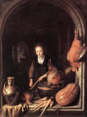 Woman Peeling Carrot by Gerrit Dou - Oil Painting Reproduction