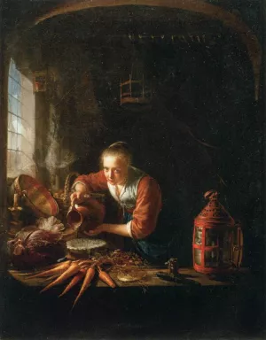 Woman Pouring Water into a Jar by Gerrit Dou - Oil Painting Reproduction